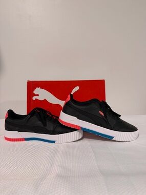 Puma Carina Black Sneakers w/Pink & Blue Sole Accents.